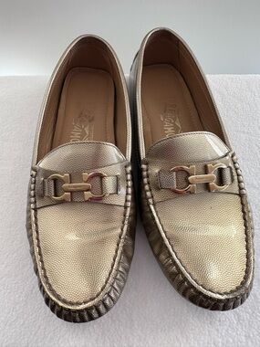 Salvatore Ferragamo Metallic Gold Gancini Leather Loafers